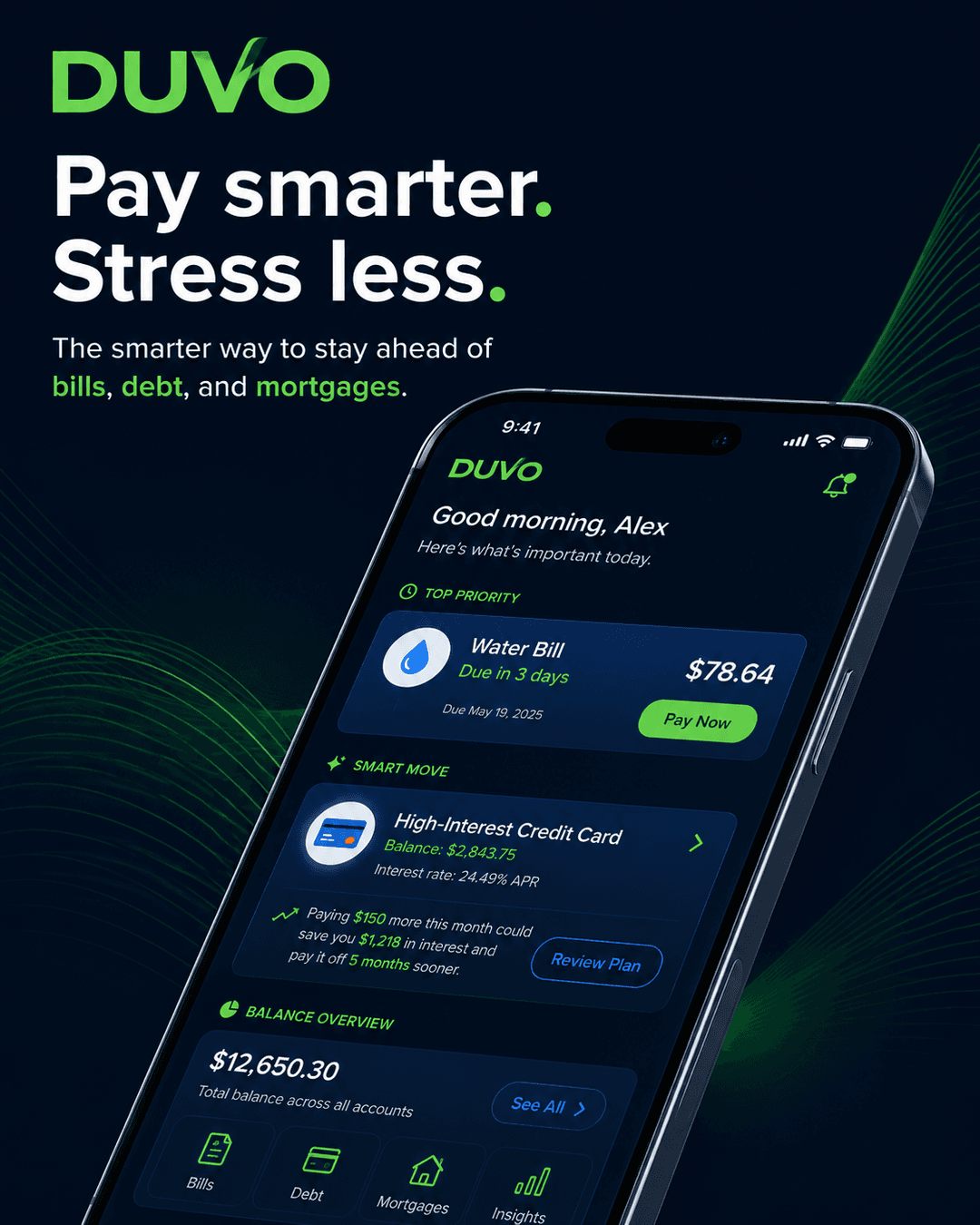 DUVO mobile app showing payment priorities